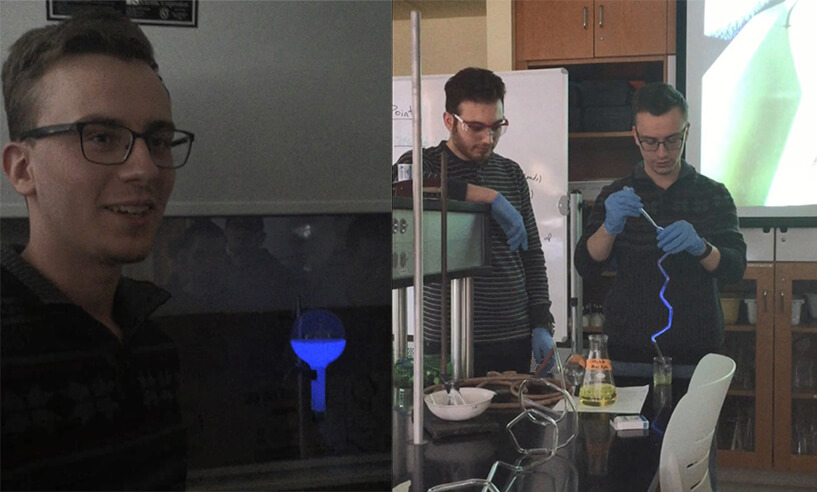 Photo of Andrew Zulch '19 doing an ammonia fountain experiment