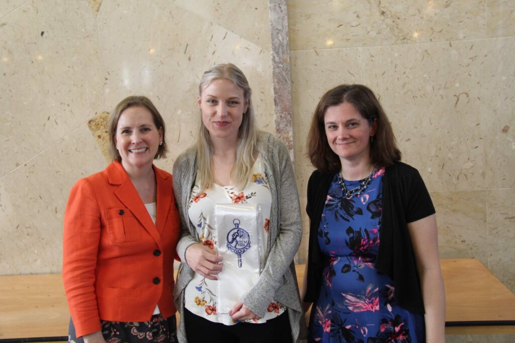 Photo of Laura Greenough '19 with professors Jen Rivers and Autumn Mathias