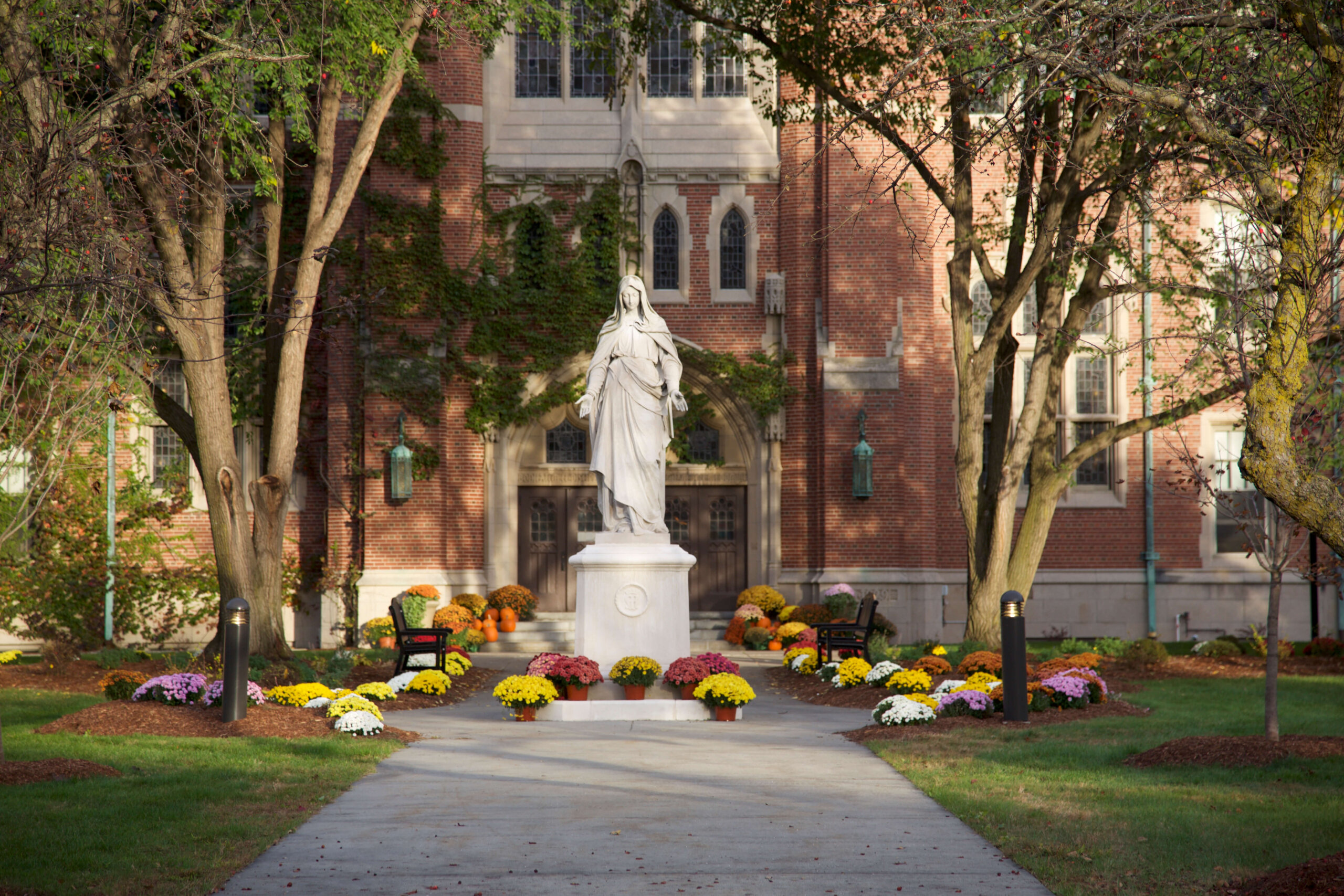 Statue of Mary in front of Berchmans Hall