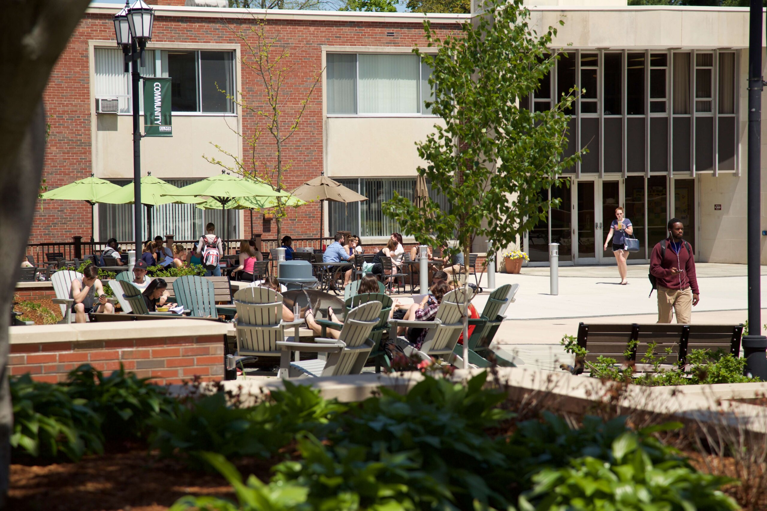 Photo of the outdoor cafe and firepit on Keating Quad