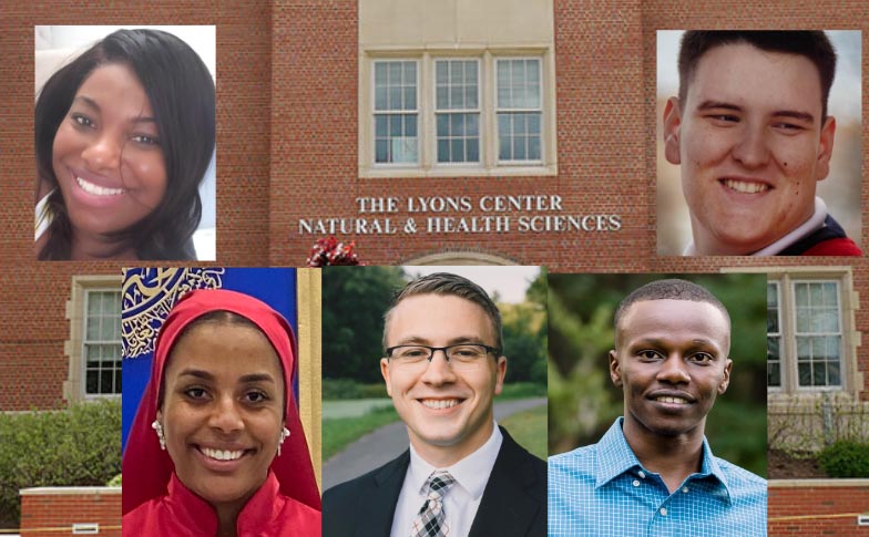 Photo of past S-STEM recipients: outside Lyon center at Elms College