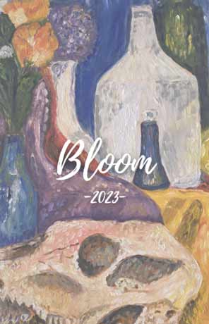 The cover of Bloom magazine 2023, a still life painting of bottles, flowers