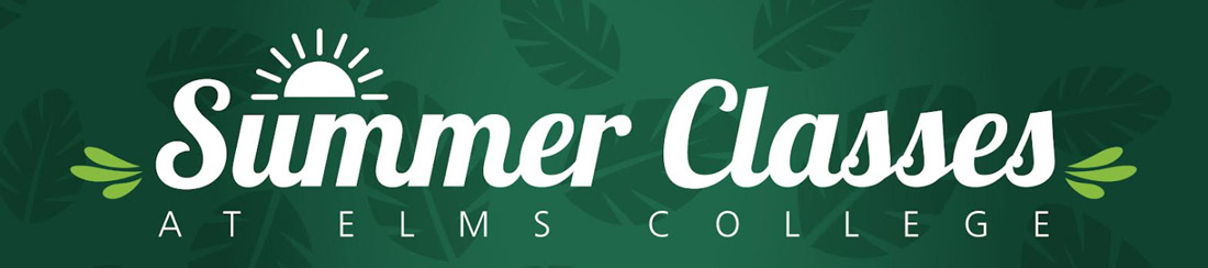 Summer Classes at Elms College, banner with words and summer graphics