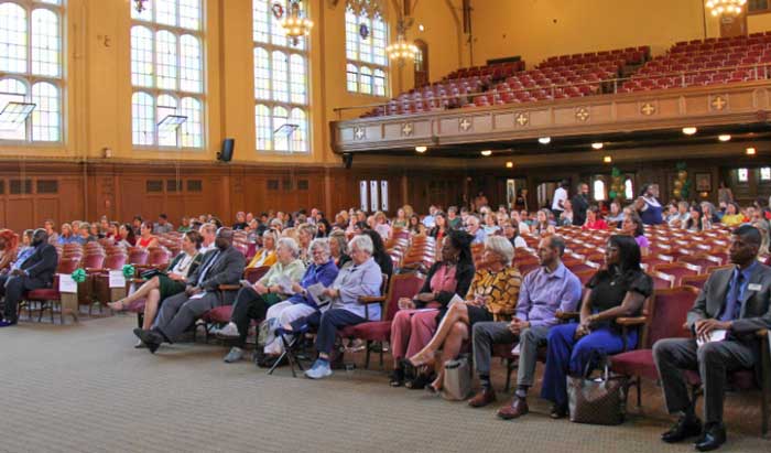 Western Massachusetts Literacy Collaborative, Cynthia Lyons, CEUE, Springfield public schools, crowd of people sitting in Berchmans Hall