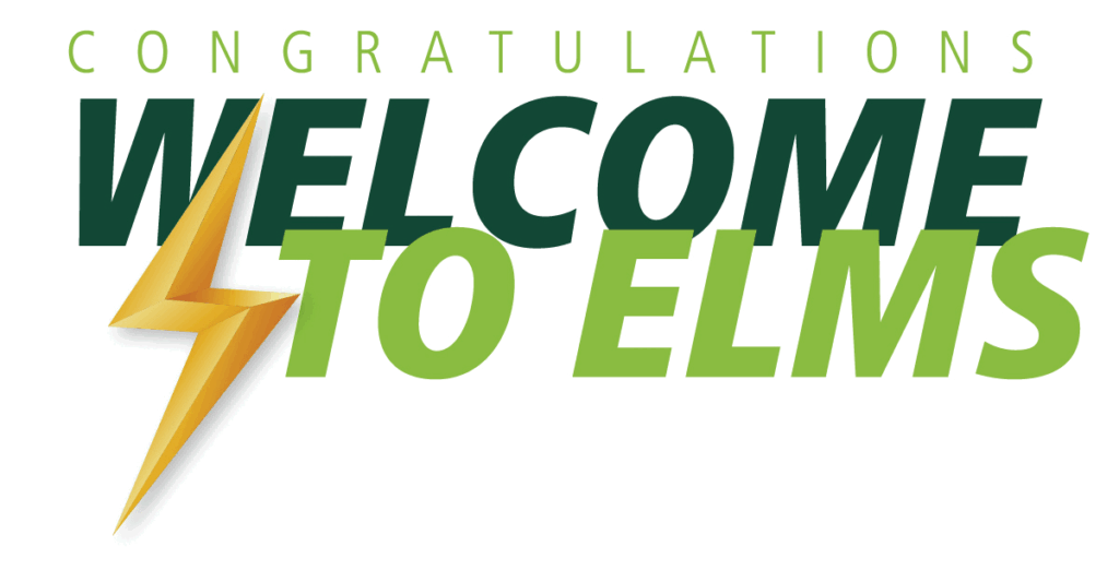 Congratulations, Welcome to Elms, graphic with lightning bolt