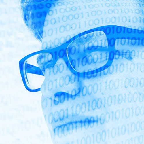 Data Science and AI degree, person with glasses, with 1's and 0's everywhere