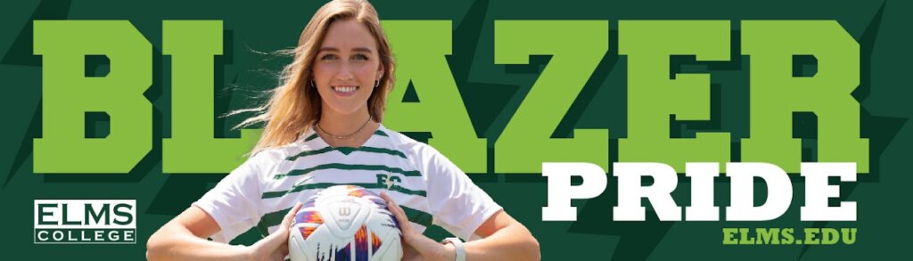 Photo of a woman holding a ball, the text says "Blazer Pride elms.edu"