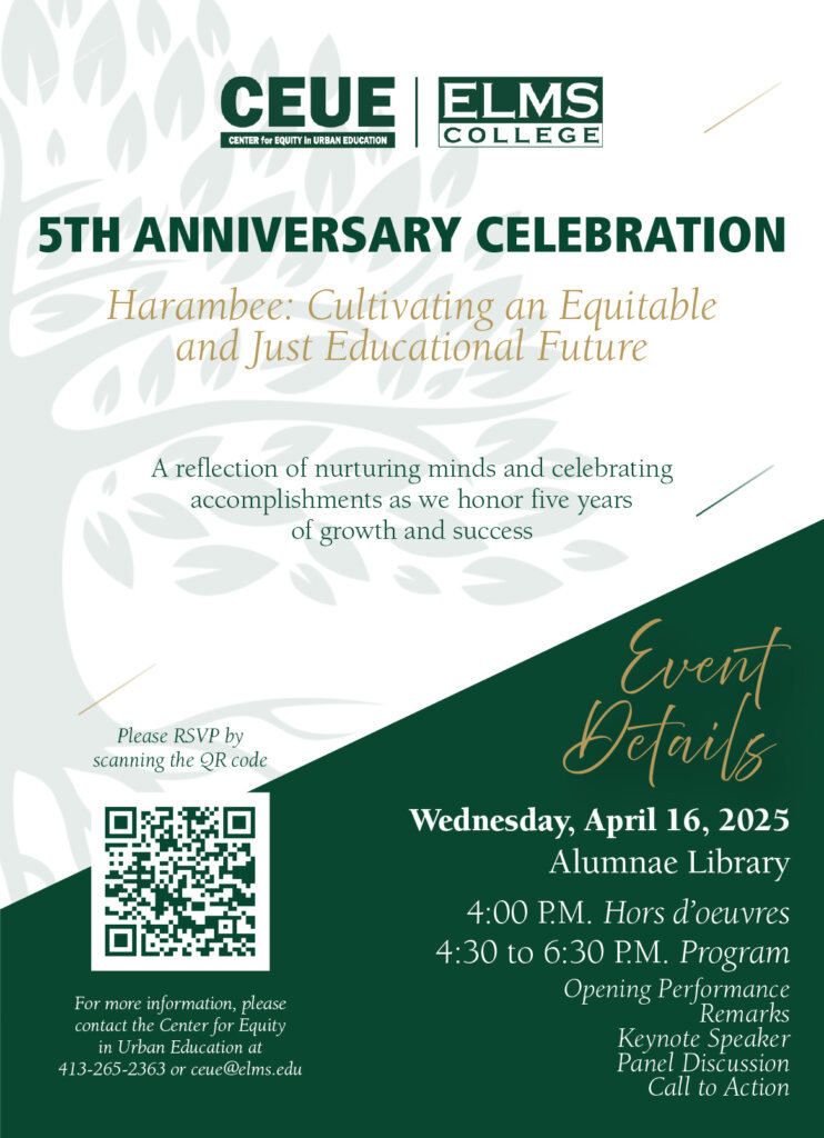 CEUE 5th Anniversary Celebration flyer. April 16, 2025. 4pm at the Alumnae Library