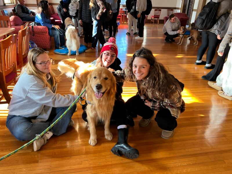 Photo of three students petting a dog in crowded room