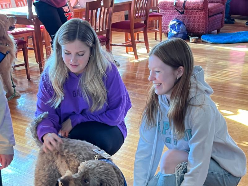 Photo of two students petting a dog