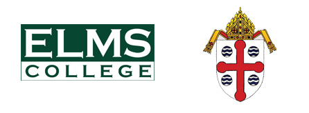 Graphics of the Elms College logo and a shield graphic