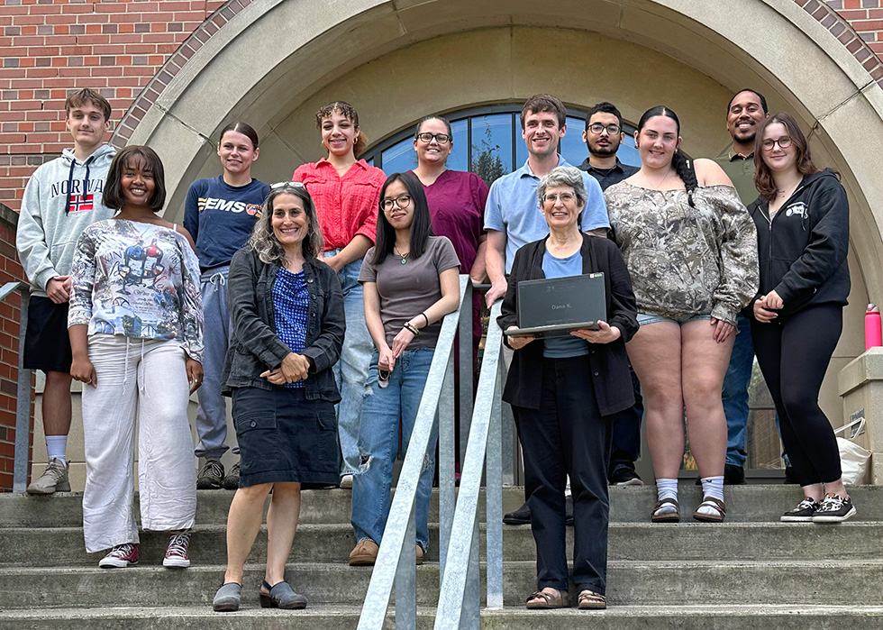 Photo of Current S-STEM recipients: outside Lyon center at Elms College