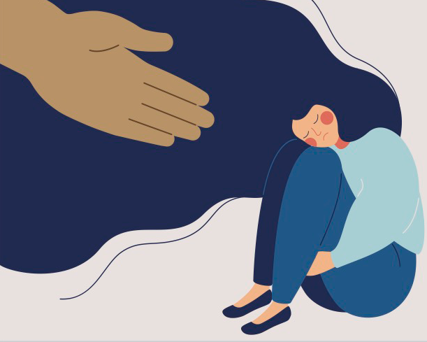 graphic of a drawing, large hand reaching down from the sky towards a woman