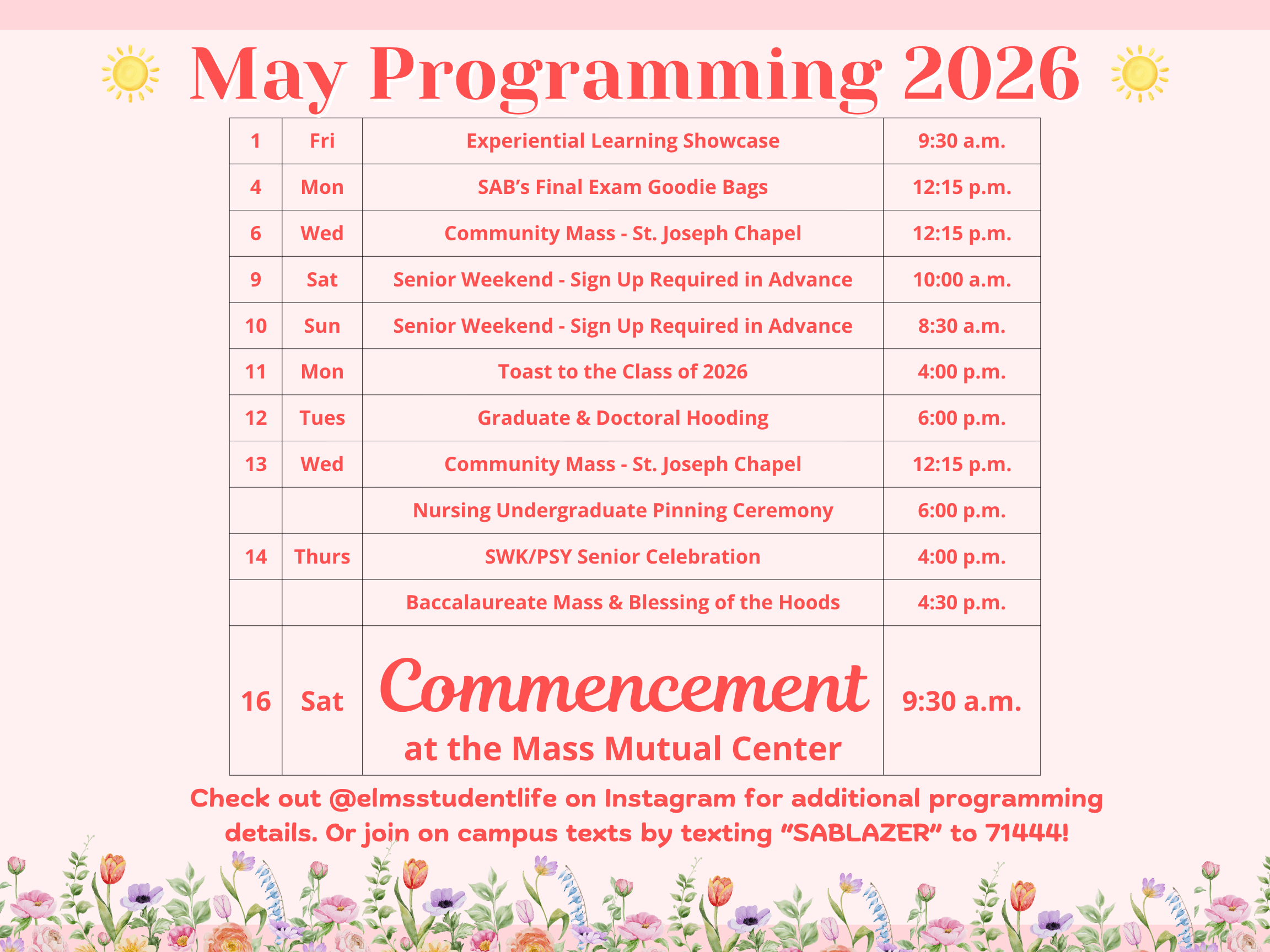 Graphic of current month Student Event Schedule